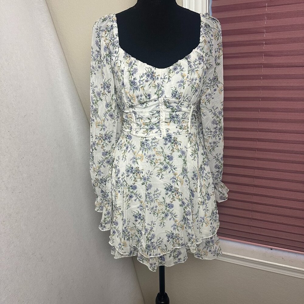 Allison & Kelly Dress sz S white floral chiffon mini balloon‎ sleeves milkmade